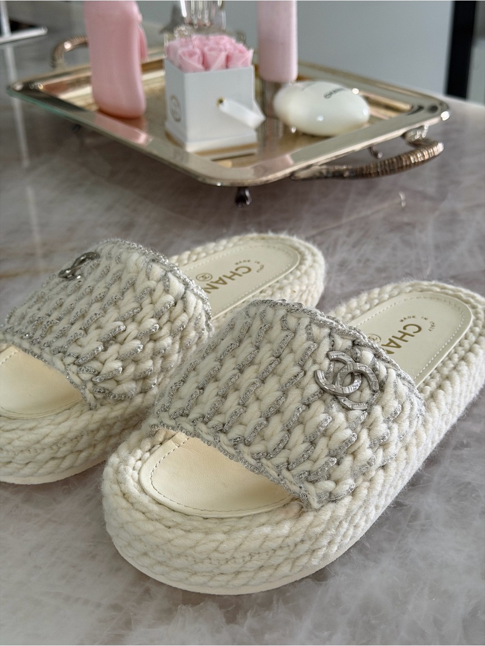 CHANEL Cream Knit Slide Clogs with Silver CC Emblem